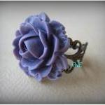 Purple Rose On Antique Brass Filigree Ring -..