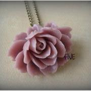 Mauve Ruffle Rose Cabochon Pendant on Antique Brass Chain Necklace - Jewelry by FIVE