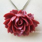 Red Ruffle Rose Cabochon Pendant on Antique Brass Chain Necklace - Jewelry by FIVE