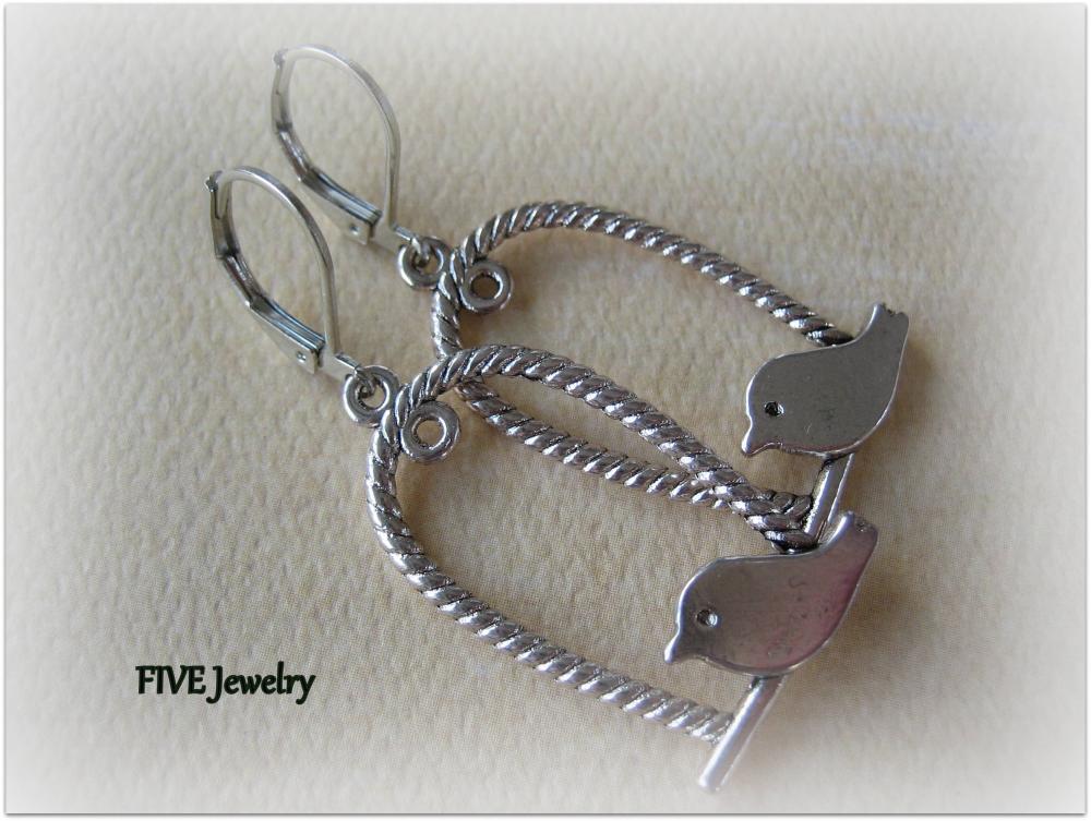 Bird Swing Charm Earrings - Antique Silver - Jewelry By Five