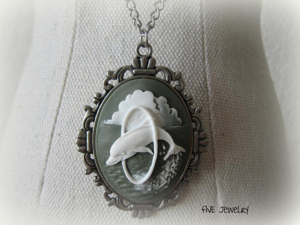 Oval Dolphin Pendant On Antique Silver Chain Necklace - Jewelry By Five