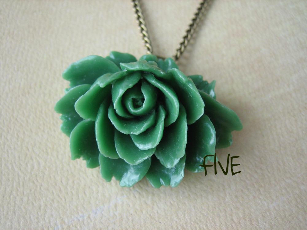 Green Ruffle Rose Cabochon Pendant On Antique Brass Chain Necklace - Jewelry By Five