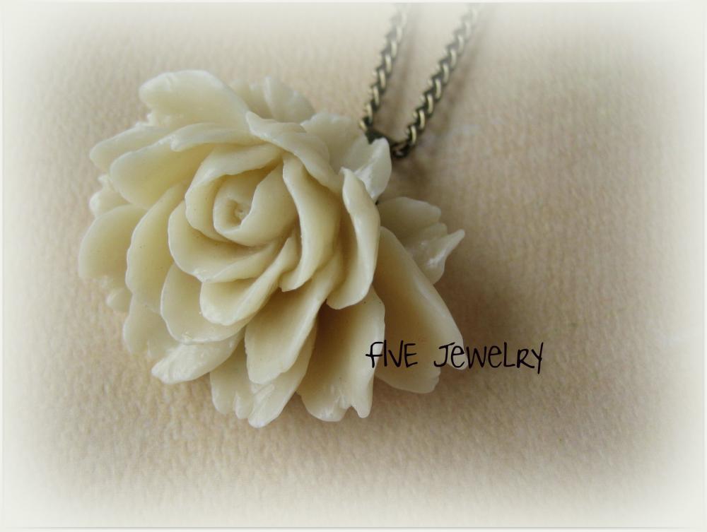 Ivory Ruffle Rose Cabochon Pendant On Antique Brass Chain Necklace - Jewelry By Five