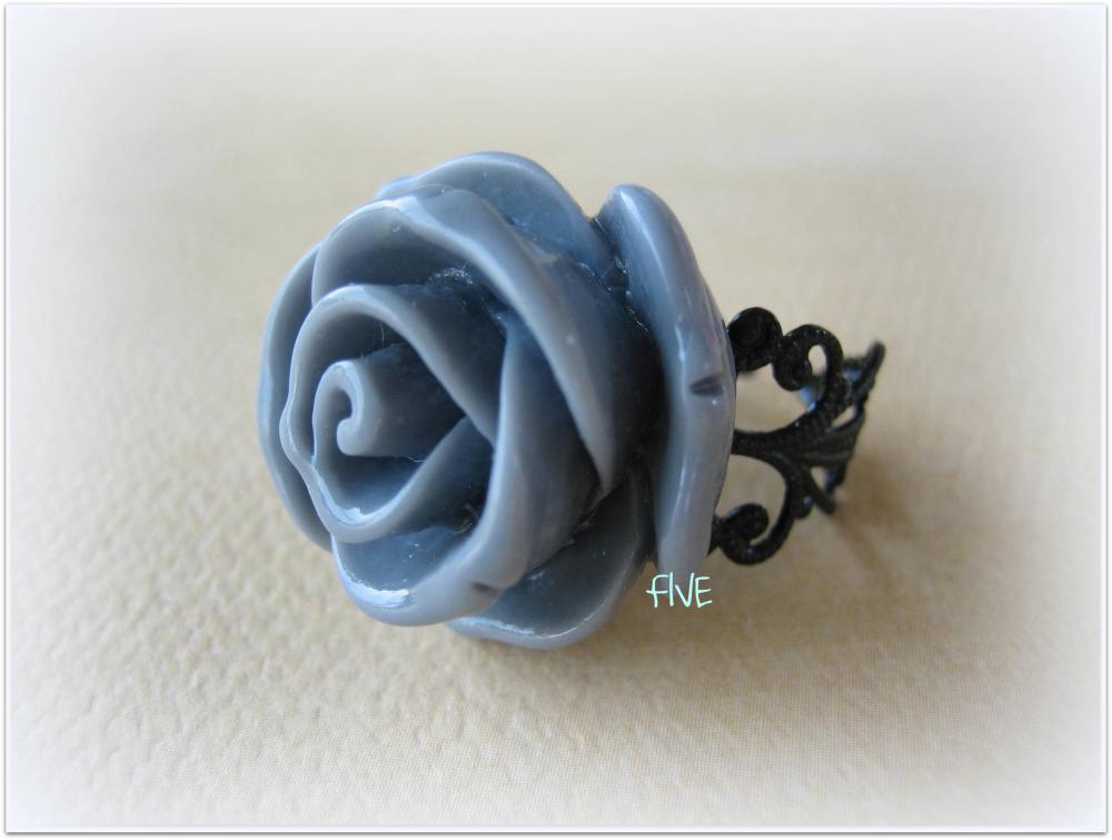 Large Gray Rose On Black Brass Filigree Ring - Adjustable - Jewelry By Five