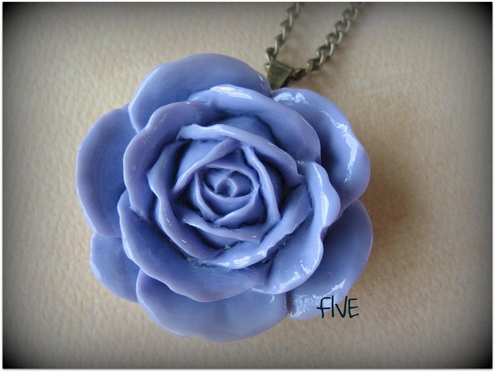 Lilac Rose Cabochon Pendant On Antique Brass Chain Necklace - Jewelry By Five