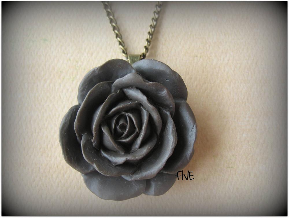 Brown Rose Cabochon Pendant On Antique Brass Chain Necklace - Jewelry By Five