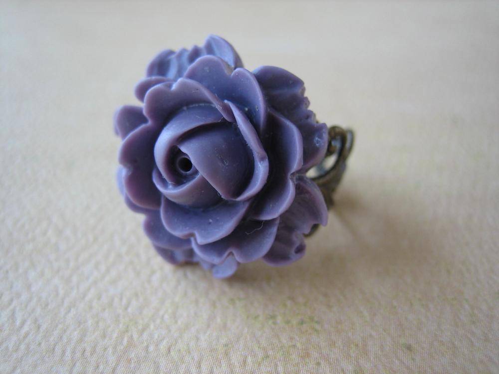 Purple Rose On Antique Brass Filigree Ring - Adjustable - Jewelry By Five