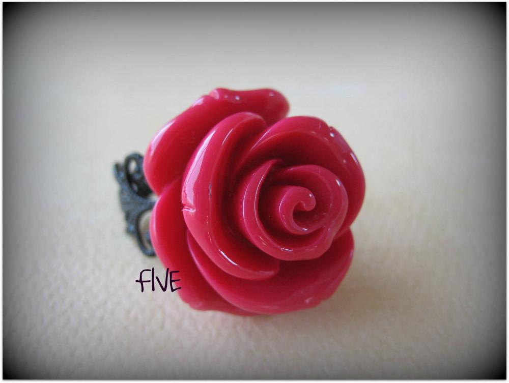 Large Honeysuckle Pink Rose On Black Brass Filigree Ring - Adjustable - Jewelry By Five